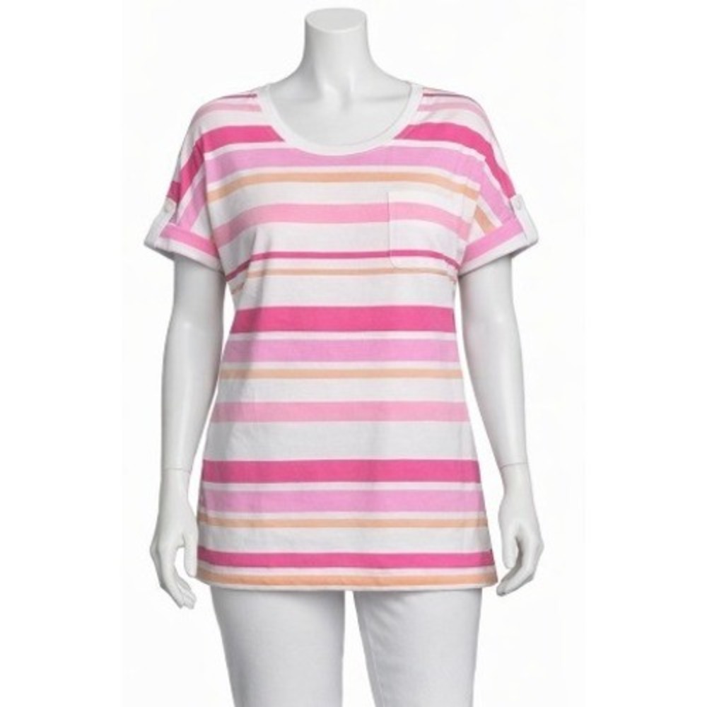 Denim & Co Womens 3X Perfect Jersey Roll Tab Short Sleeve‎ T Shirt Pink Striped